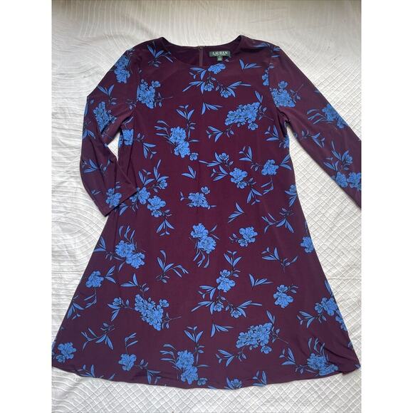 Ralph Lauren Dresses & Skirts - Ralph Lauren Size 14 Women's Dress Burgundy w/Blue Floral 3/4 Sleeve Casual Work